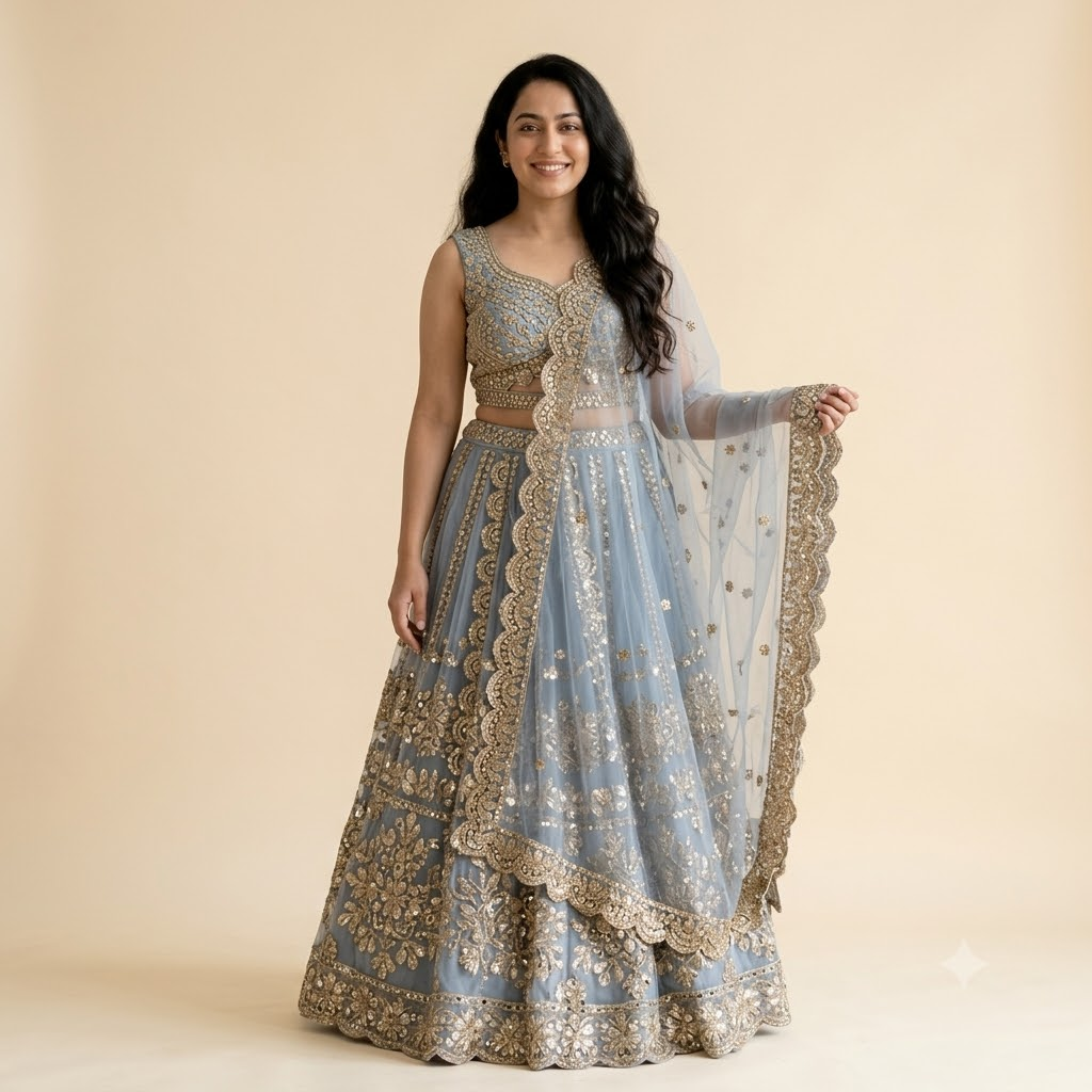 Simran in a sky-blue net lehenga with silver zari — Diwali dressed to compete with the rangoli