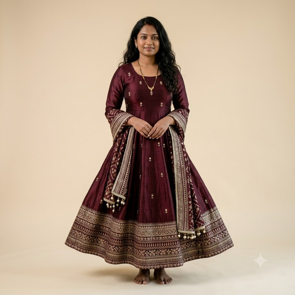 Priya in a wine-embroidered anarkali — the first Karwa Chauth she chose herself