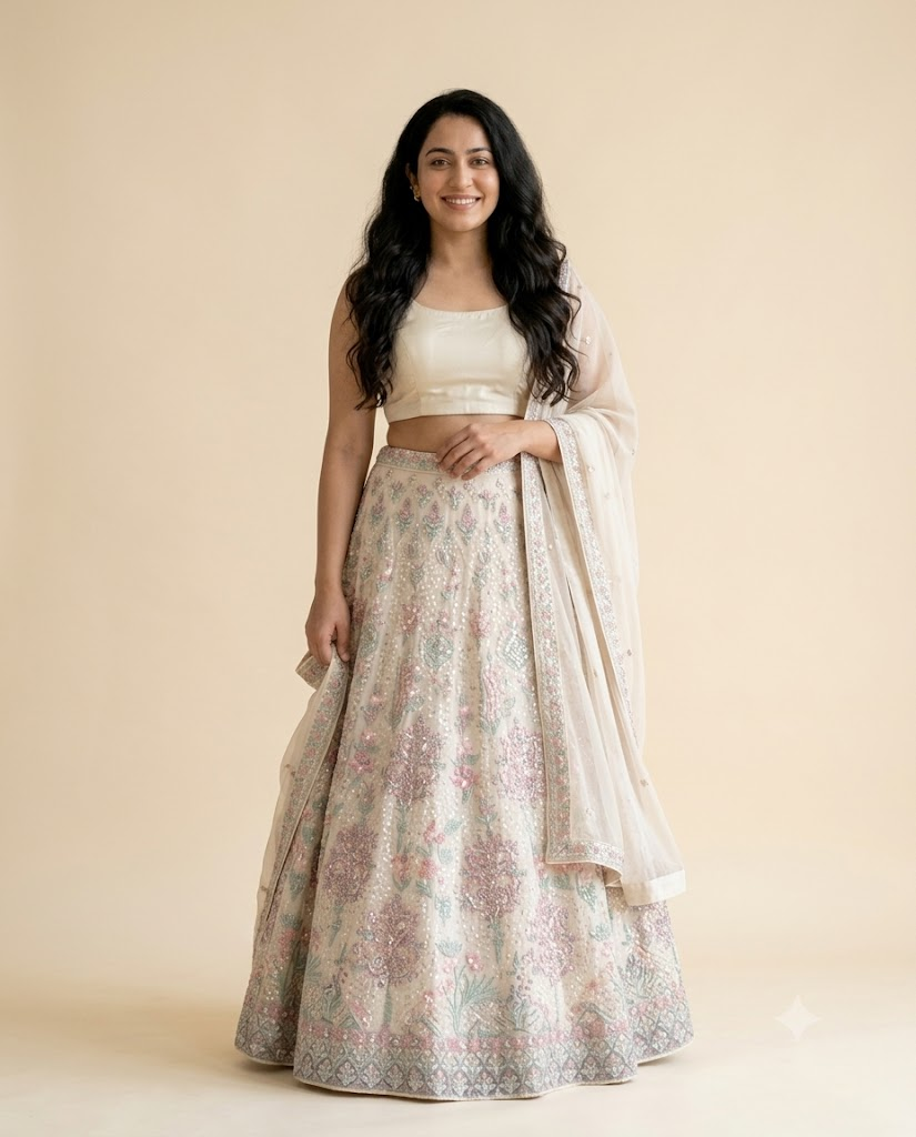 Simran in a cream floral lehenga — wedding-guest ready, not competing with the bride